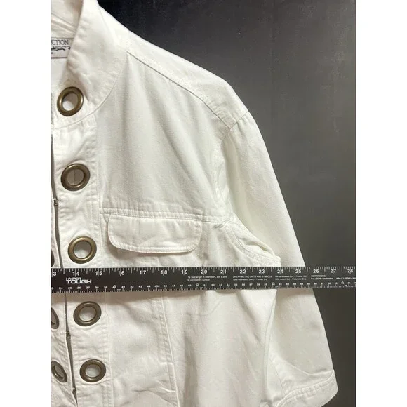 New Direction Women 1X White Cotton Denim Jacket‎ Large Gold Rings Decor - Picture 3 of 10